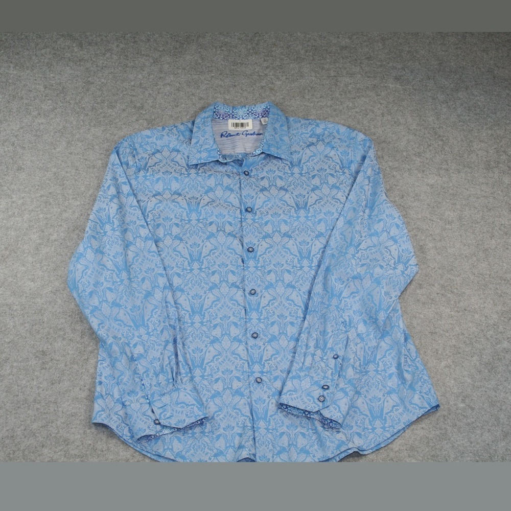 Robert Graham Mens Button Down Shirt XL Blue Floral Damask Contrast Cuffs